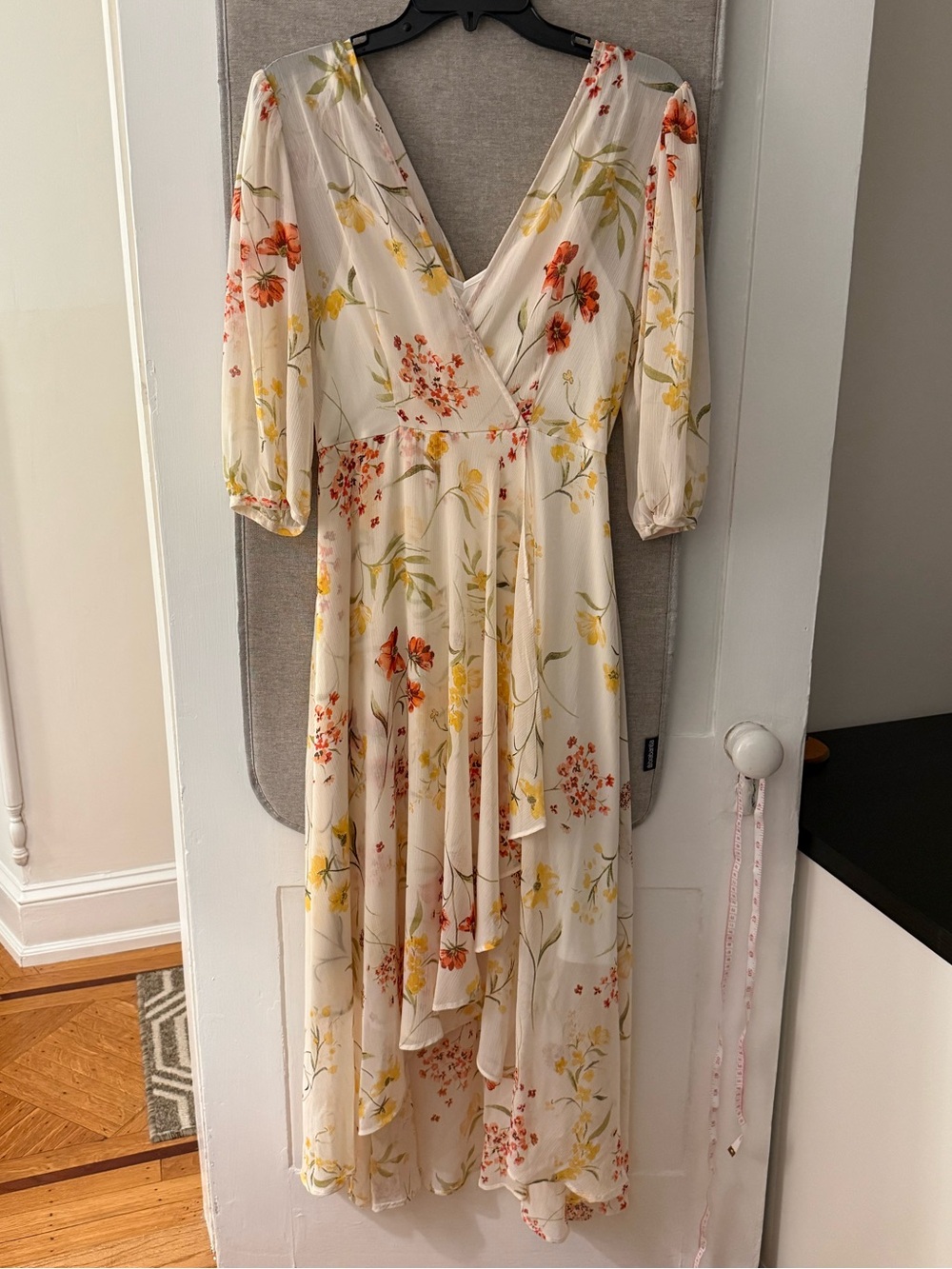 Calvin Klein Floral Print Chiffon Midi Dress - Cream with Orange & Yellow Blooms